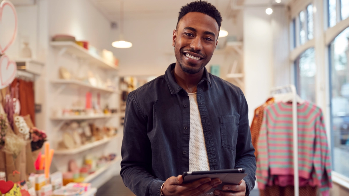 Male retail store owner holding tablet in clothing store